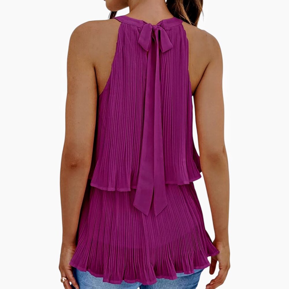 NWOT S Tiered Halter Tank Top Tie Back Blouse Sleeveless Layered Eggplant Purple